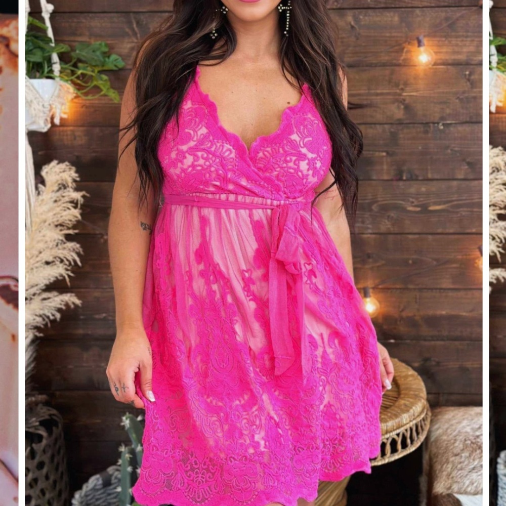 Southern Fried Chicks hot pink layered lace dress